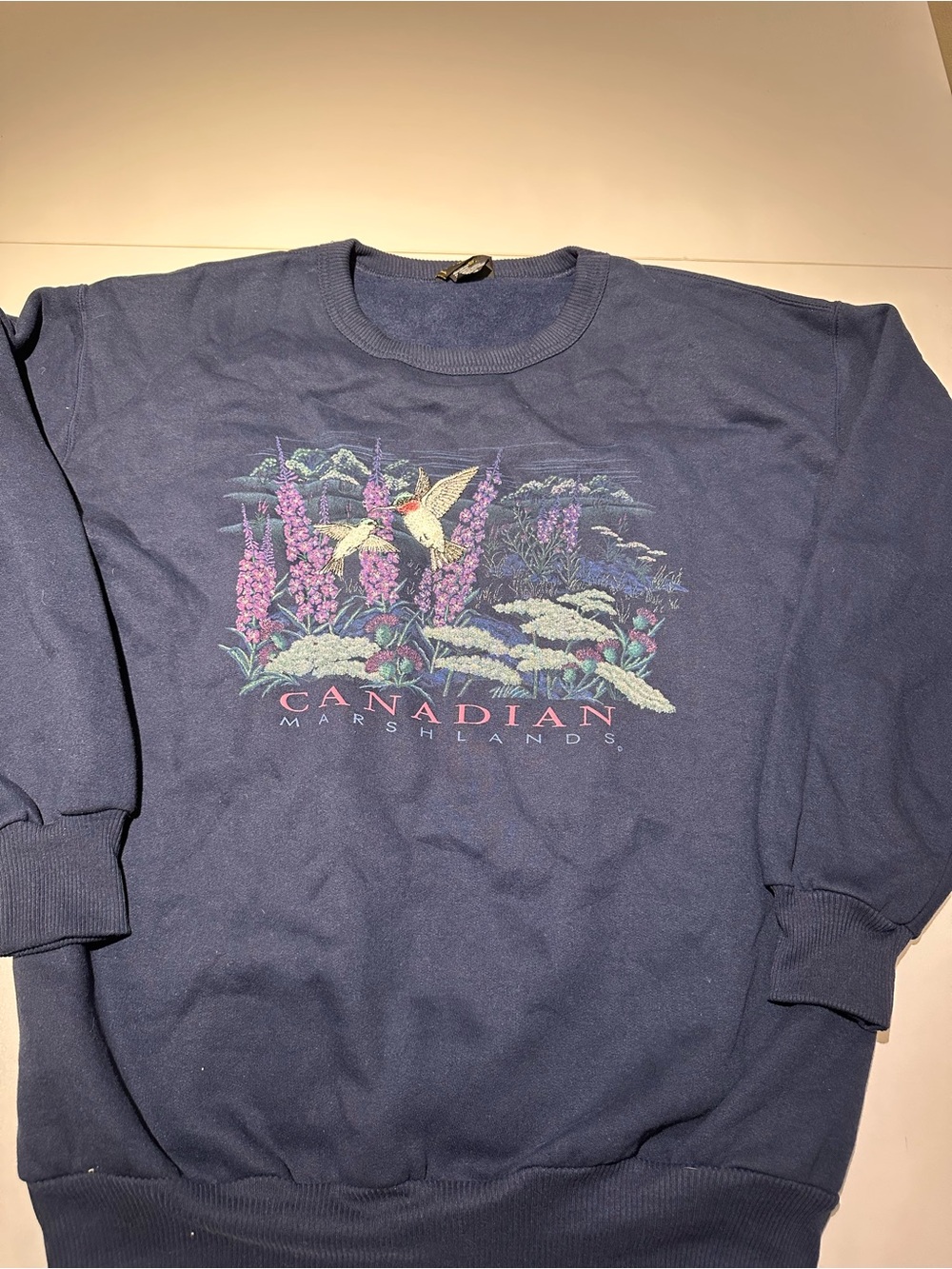 Marsh Landing Navy Crewneck with Floral & Hummingbird Graphic